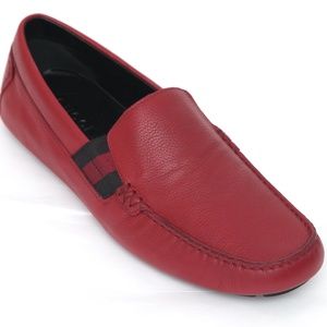 GUCCI Men's Red Leather Loafer Moccasin Web 7.5